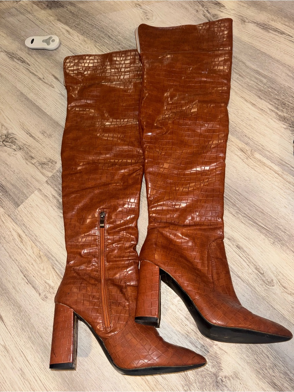 Women's Tall Pointed-Toe Croc-Embossed Block Heel Boots - Brown